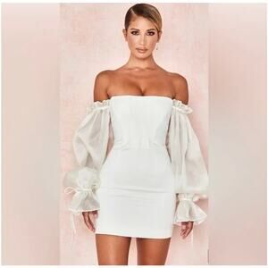 House of CB London Marisa Women's Ivory Corset Mini Dress XS Silk Puff Sleeve